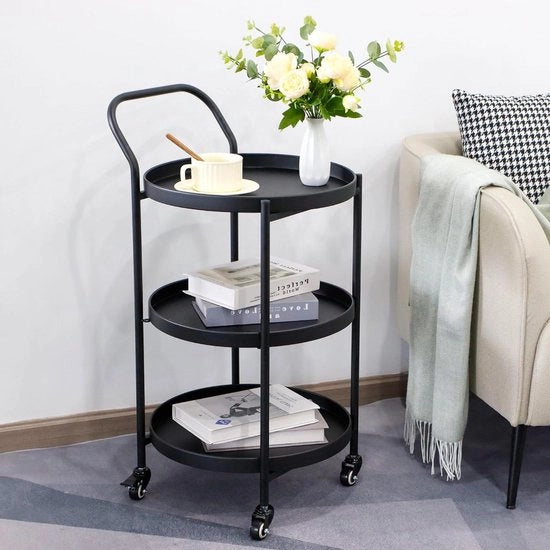 Carrello Rotante Elegante a 3 Livelli, 78 cm Alto, Metallo Nero, Trolley da Servizio per Cucina e Divertimento