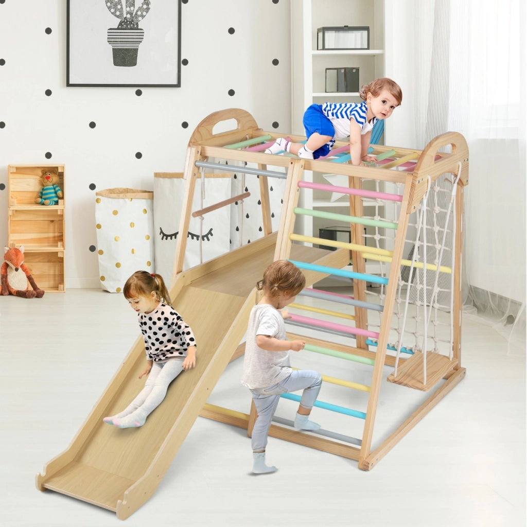 Set da arrampicata in legno con scivolo barra delle scimmie scala a corda, Palestra per bambini 8 in 1 con piattaforma-Arrampicate e scivoli