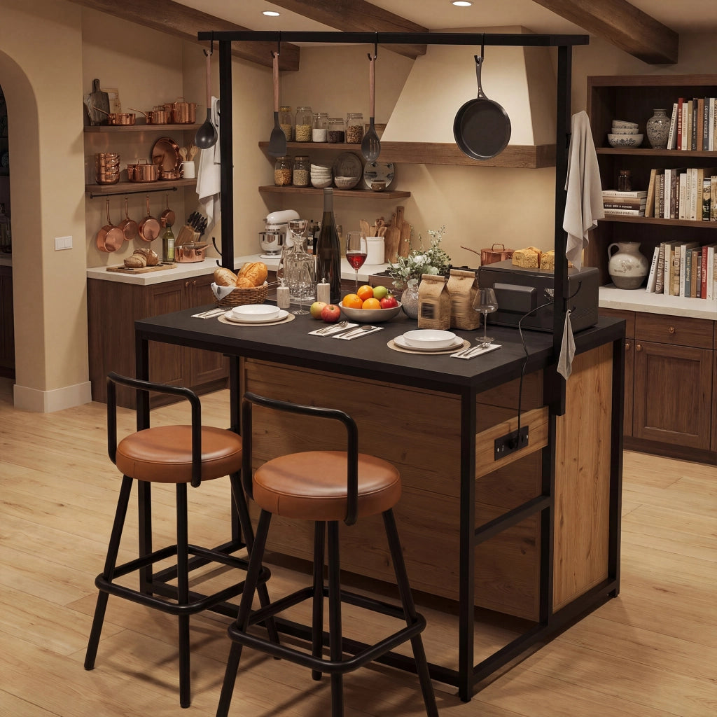 Mobile da cucina con 2 sgabelli; prese integrate; vani aperti e ante scorrevoli; per cucina e sala da pranzo