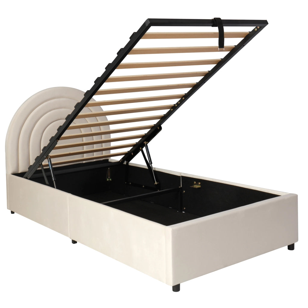 Letto per bambini 90 x 200 cm, letto imbottito, letto per ragazzi, in velluto, con contenitore, color beige