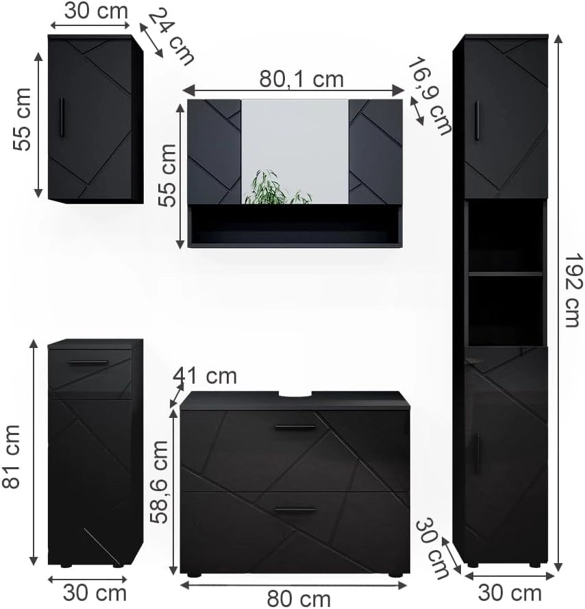 Set mobili bagno Irma, Antracite lucido, 80 cm, composto da mobile sottolavabo, specchiera, colonna, base media e pensile
