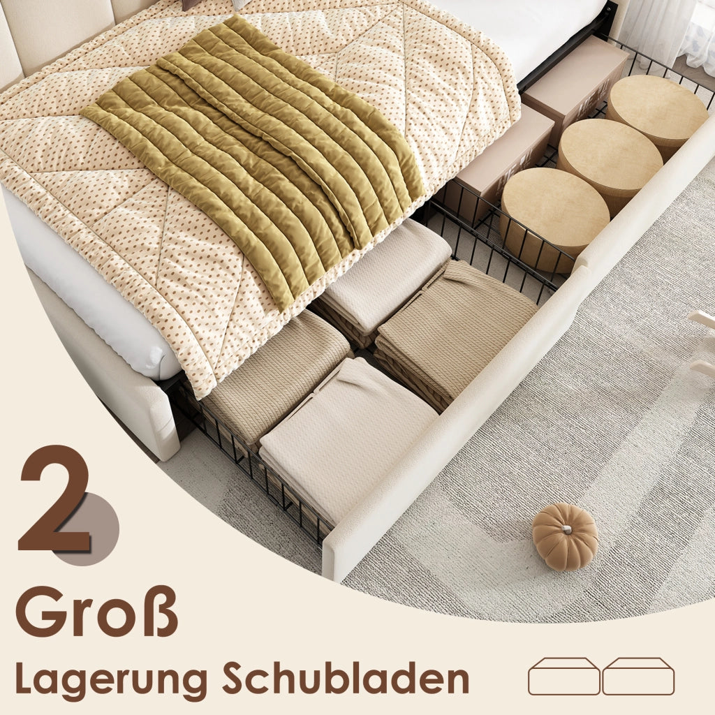 LETTO singolo 90x200 cm in velluto beige con 2 cassetti