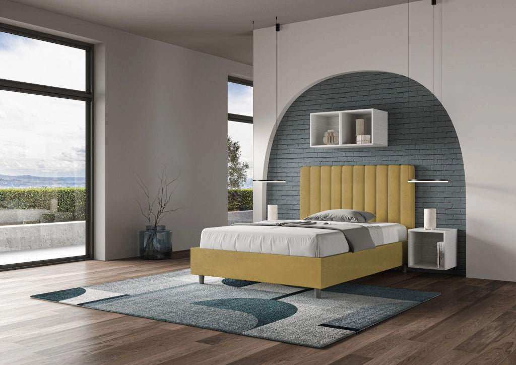 BS COM Letto una piazza e mezza con rete imbottito 120x210 microfibra ocra