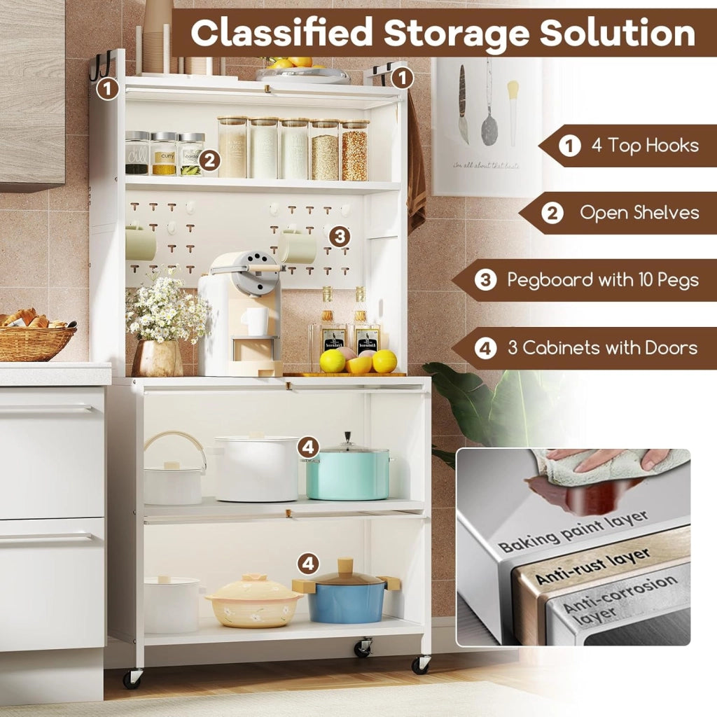 Mensola da Cucina a 5 Livelli, Organizzatore con Ampio Piano di Lavoro e Ruote, Armadio di Stoccaggio con Porte, Ganci e Pannello con Perforazioni, Mobile Multifunzione per Interni (Bianco)