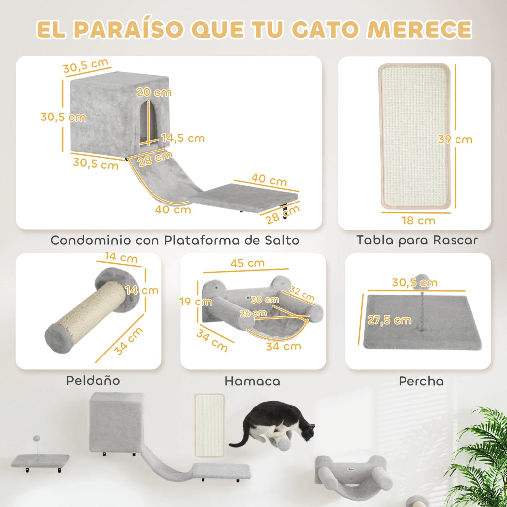 Gioco a Parete per Gatti con Condominio Piattaforma Amaca e Tiragraffi ¨C zephmum ¨C Grigio 6 Pezzi