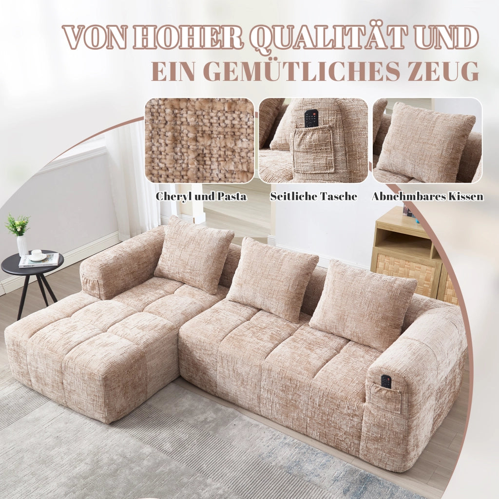OKWISH Divano con Chaise Longue Reversibile 3 Posti, Modulare senza Montaggio con Tasche Laterali e 3 Cuscini, Ciniglia, Cachi