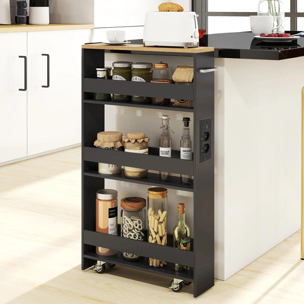 Scaffale per Nicchia da 20 cm di Larghezza, con Base di Ricarica, 4 Piani in Legno su Ruote, Scaffale Sottile per Cucina e Bagno, Carrello a Rotelle (Naturale+Grigio, Largo 13 cm, con presa)