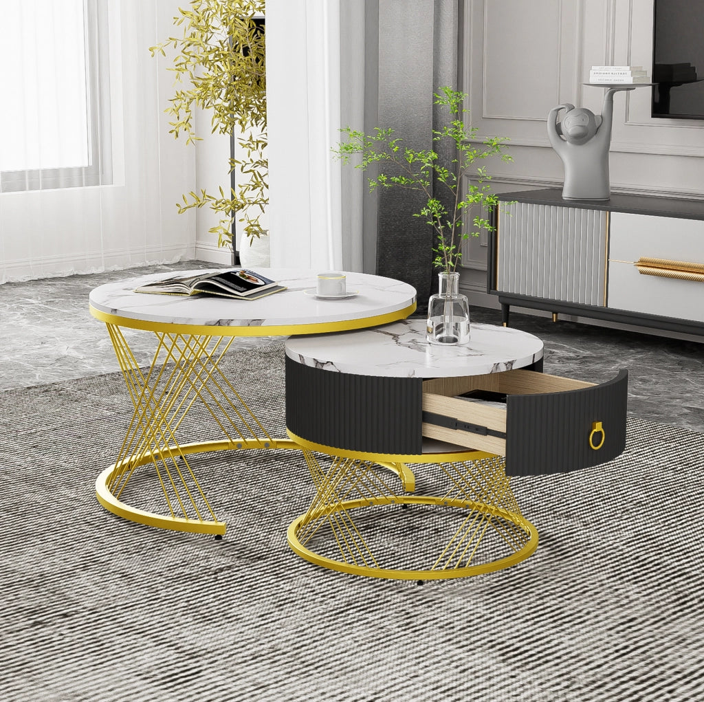 Tavolino da salotto 70x70x45+50x50x40 cm; set di 2 con cassetto; effetto marmo bianco e oro
