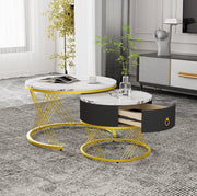 Tavolino da salotto 70x70x45+50x50x40 cm; set di 2 con cassetto; effetto marmo bianco e oro