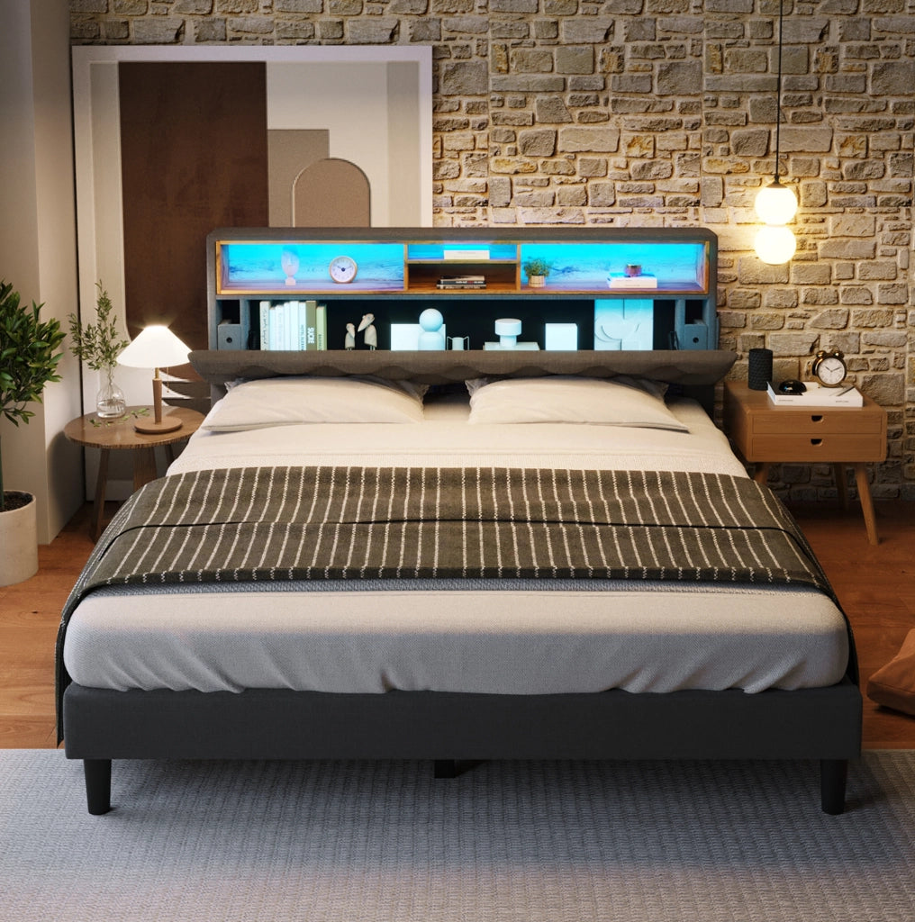 Letto matrimoniale imbottito 140x200 cm con testiera contenitore e LED; grigio