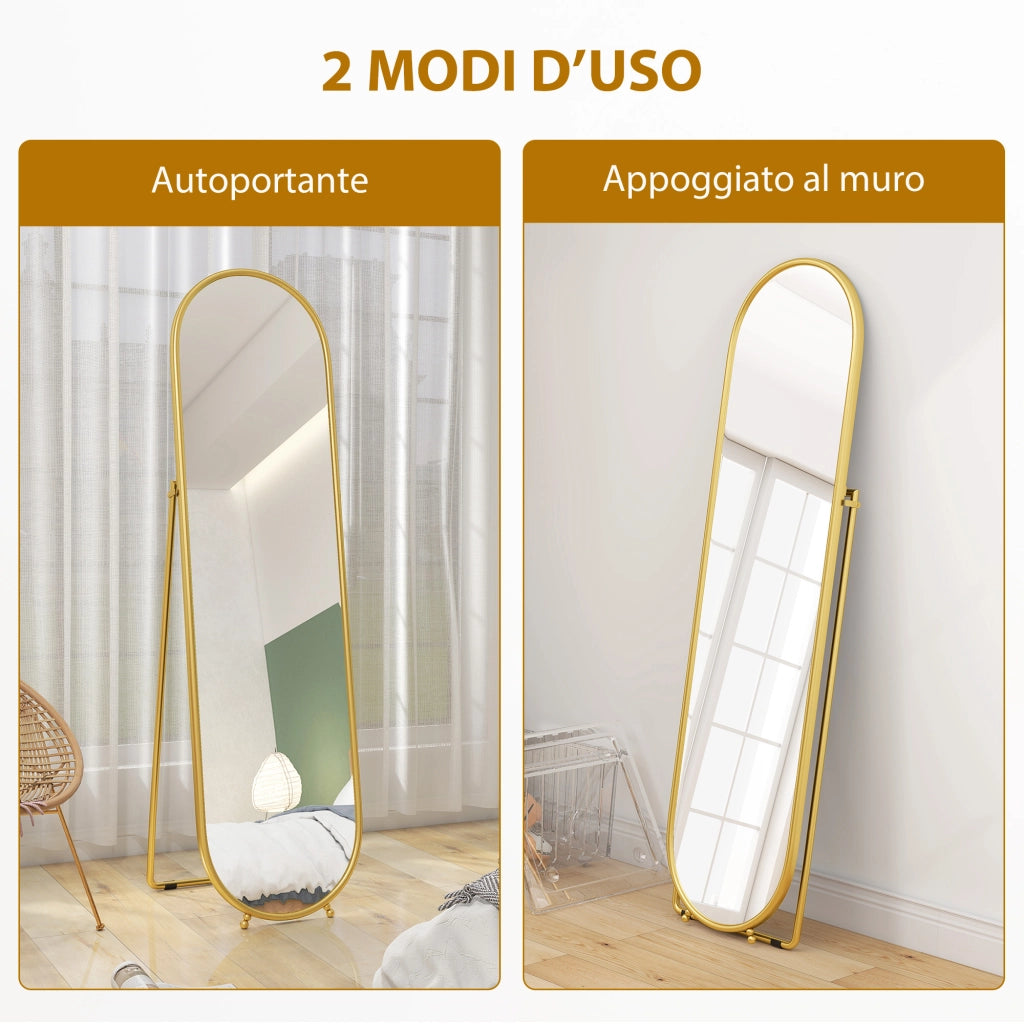 Specchio a Figura Intera da Terra 50x4x180 cm con Supporto Pieghevole in Vetro e Metallo Oro