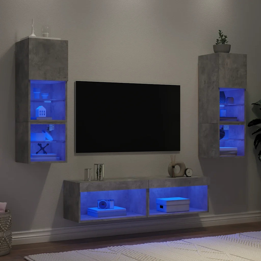 Mobili TV a Muro con LED 6pz Grigio Cemento Legno Multistrato 3216618