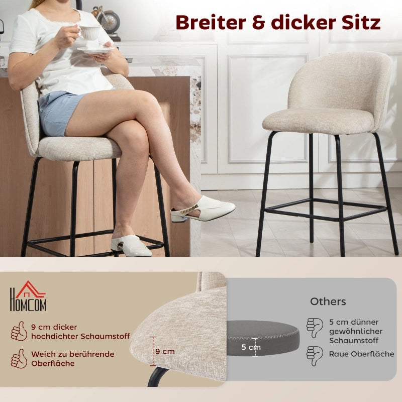 Set di 2 sgabelli da bar imbottiti con schienale e poggiapiedi, gambe in acciaio, beige