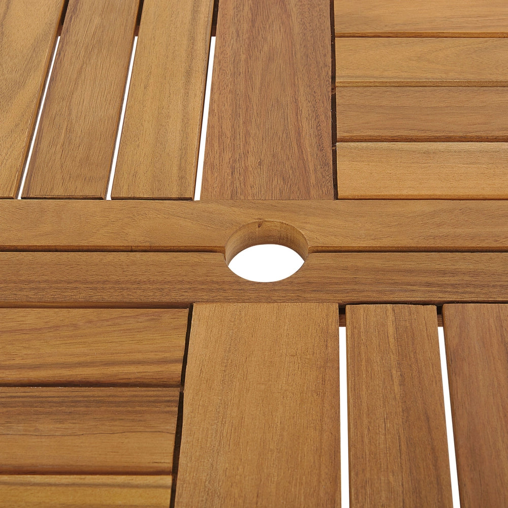 Tavolo da pranzo da giardino in legno chiaro di acacia piano rotondo 150 cm a doghe di design per interni ed esterni