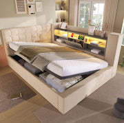 Letto matrimoniale 140x200 cm con contenitore; testiera a L reversibile; LED e porte USB; beige