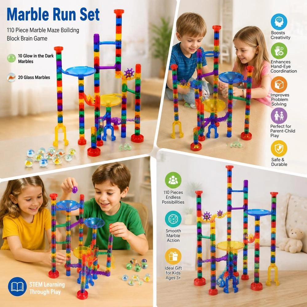 Marble Run Set, 110-piece Marble Labyrinth Building Block Puzzle Game, With 10 Glow-in-the-Dark Marbles + 20 Glass Marbles, Educational Learning Race Track STEM Toy, For Children Ages 3 And Up