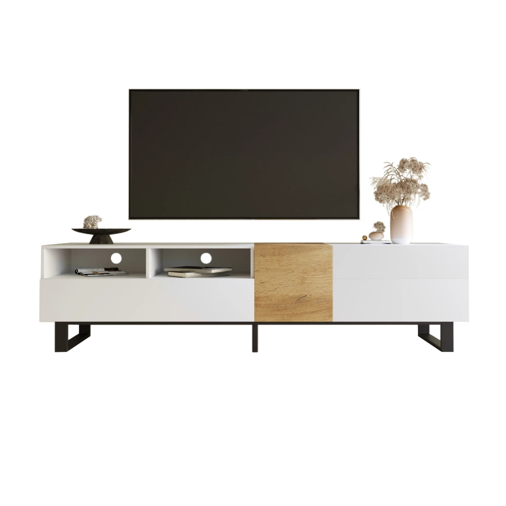 Mobile TV con 2 Ante e 2 Cassetti; 2 Vani Aperti; Stile Moderno; Soggiorno; 180¡Á38¡Á50 cm; in MDF; Bianco e Legno