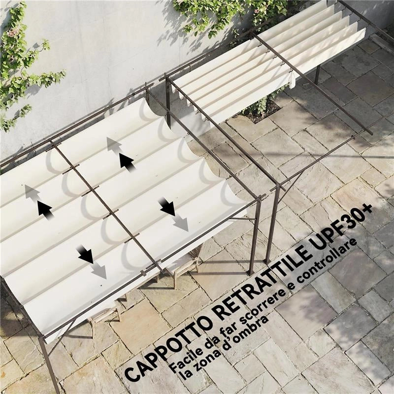 GAZEBO PERGOLA ADDOSSATA 3X4 M CON TETTO RETRATTILE SCORREVOLE E FORI DI DRENAGGIO, BIANCO CREMA