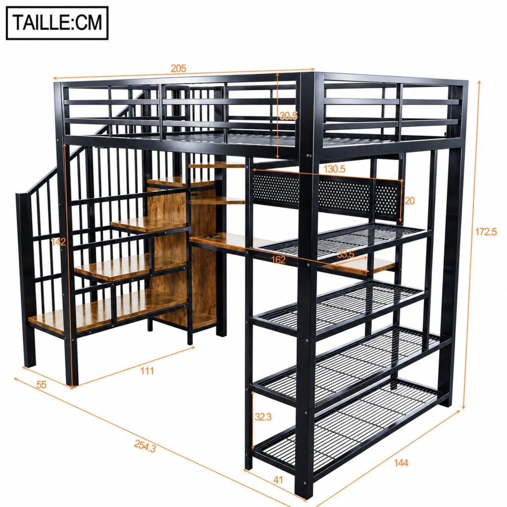 DESMIU Letto a soppalco 140 × 200 cm 2 posti con LED, prese, ripiani e scrivania, senza materasso, nero