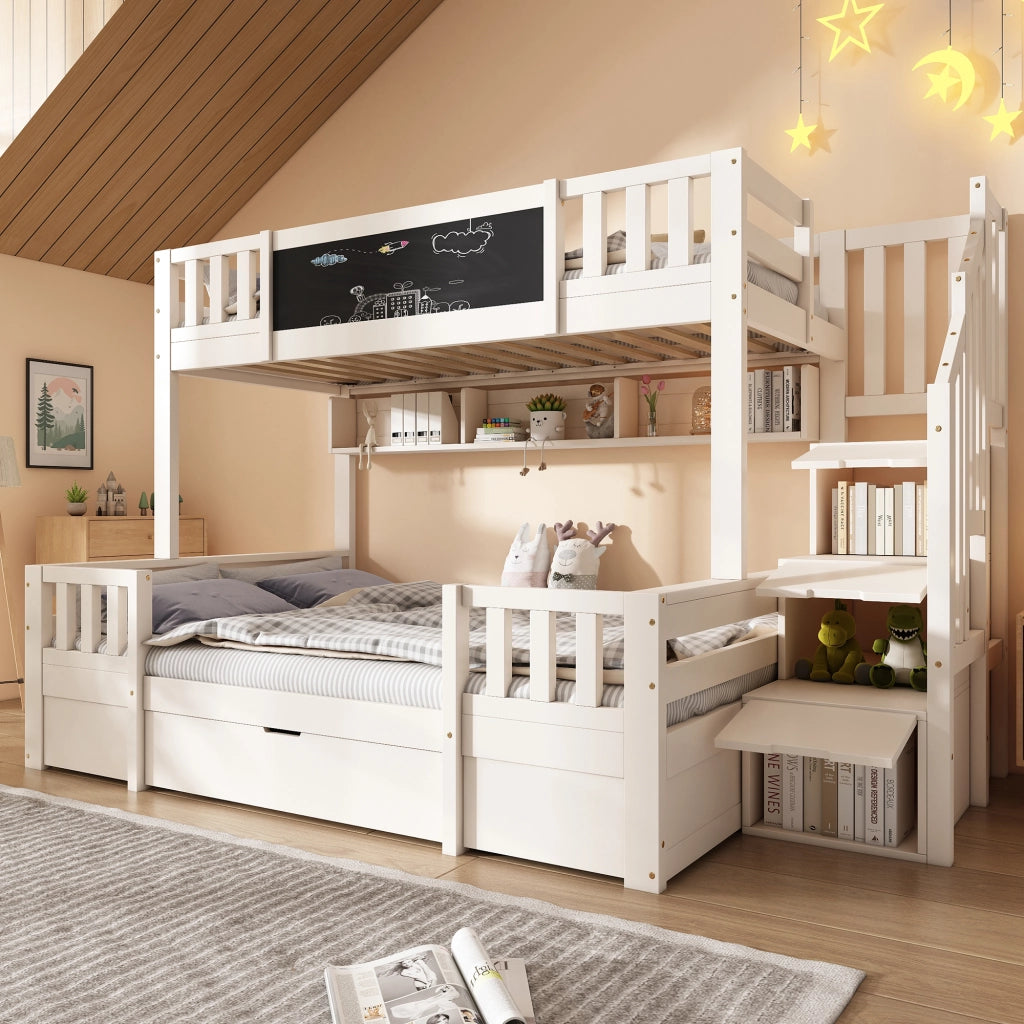 OKWISH Letto a Castello 90×200 cm e 140×200 cm, Letto 3 Posti con Contenitore, 2 Cassetti e Lavagna, senza Materasso, Bianco