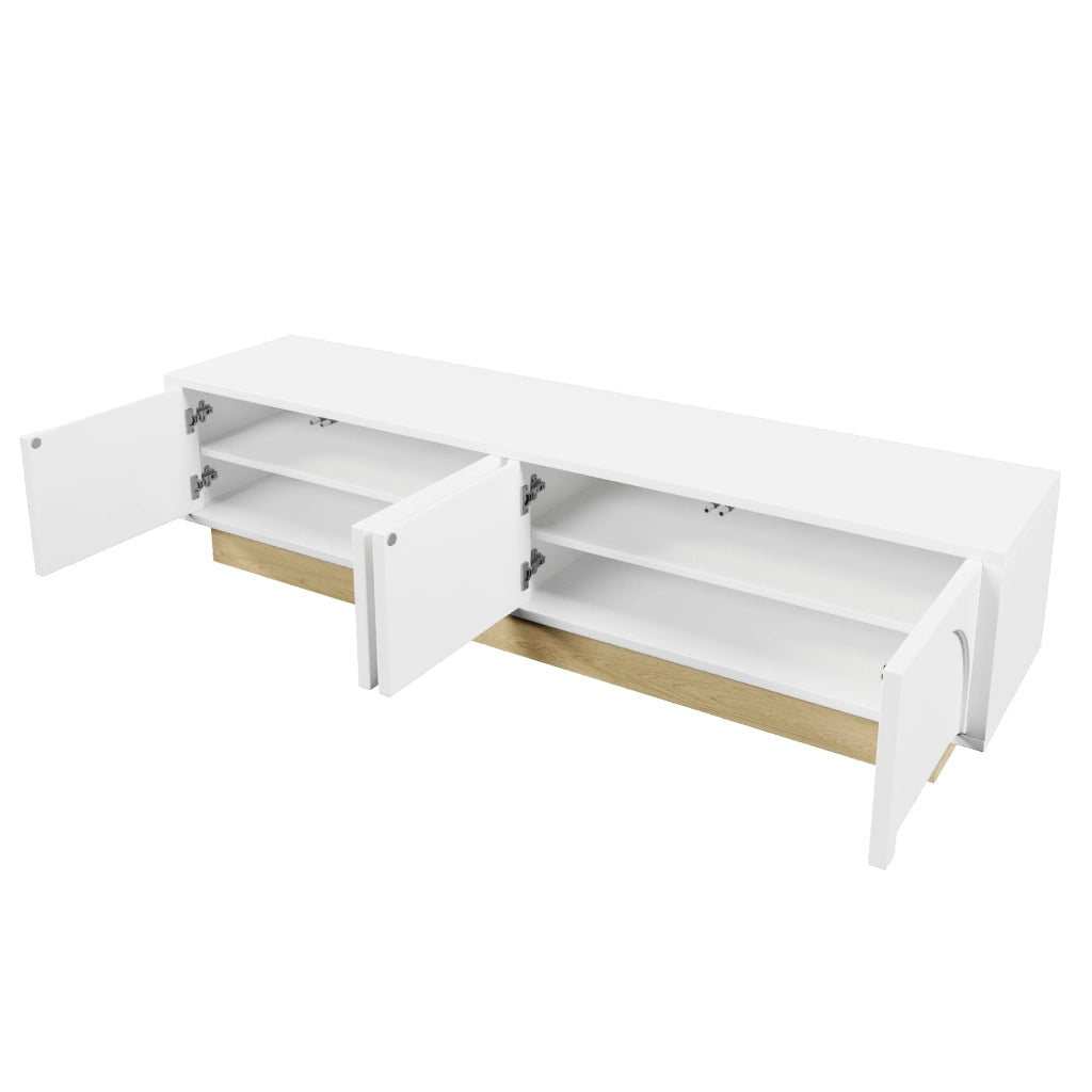 Mobile porta tv bianco 175 cm con 4 ante e passacavi; base effetto legno; MDF