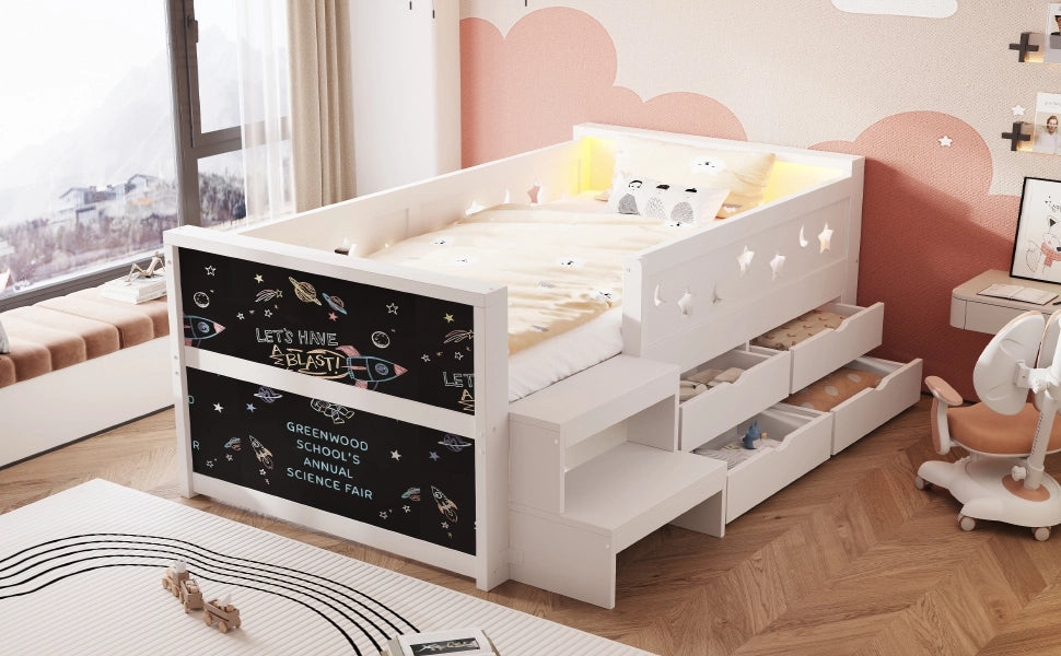 Letto per bambini 90 × 200 cm con barriere di sicurezza, lavagna, 4 cassetti, scaletta e LED, senza materasso, in legno, bianco