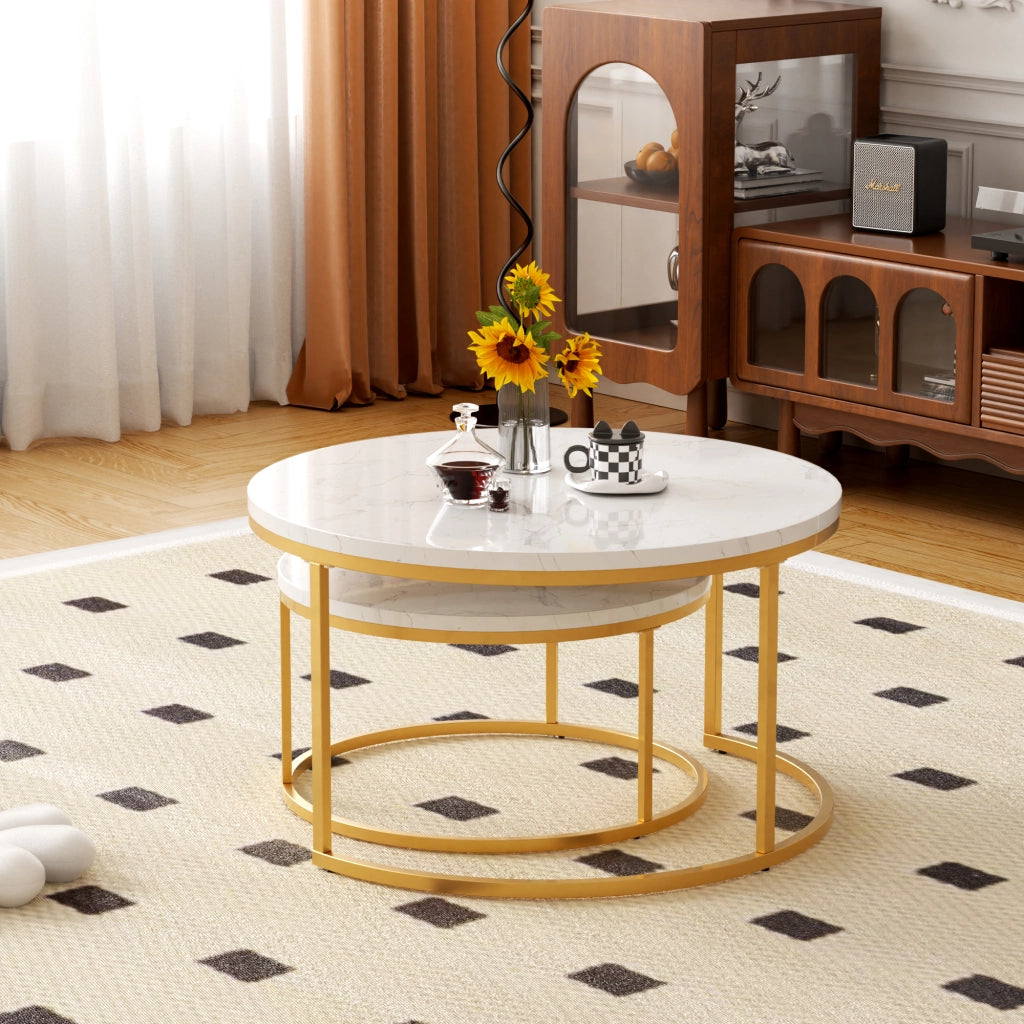 Set di 2 tavolini da salotto impilabili 80x45 cm e 60x33,5 cm bianco e oro effetto marmo