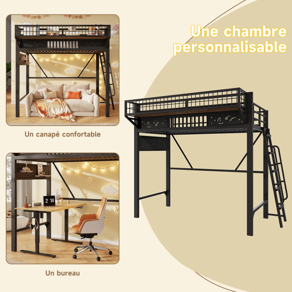 Letto a soppalco 90x200 cm per 2 persone, letto alto con ripiani portaoggetti e spazio aperto sottostante, metallo nero