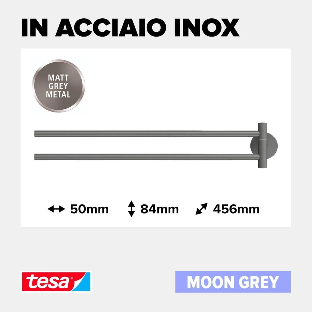MOON GREY Portasciugamani a 2 Bracci per bagno e WC in stile industriale e bagni moderni - Senza foratura, soluzione adesiva inclusa - 84 mm x 50 mm x 456 mm - Grigio opaco