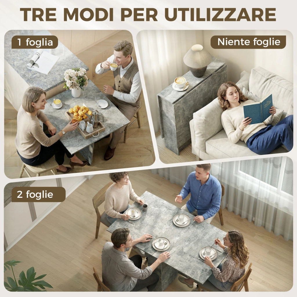 Tavolo da Pranzo Pieghevole 140x80x74 cm con Ripiani Ribalta e Ruote in Melamina Grigio Cemento