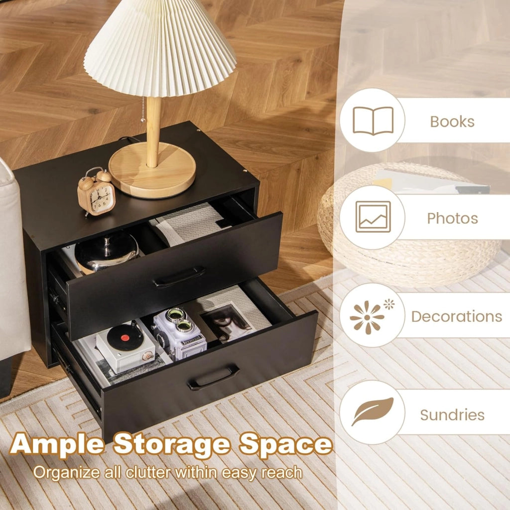 Cassettiera con 2 cassetti, dispositivo antiribaltamento, piccolo mobile in legno, per camera da letto, soggiorno, ufficio, comodino, 60 x 34 x 38 cm (nero)