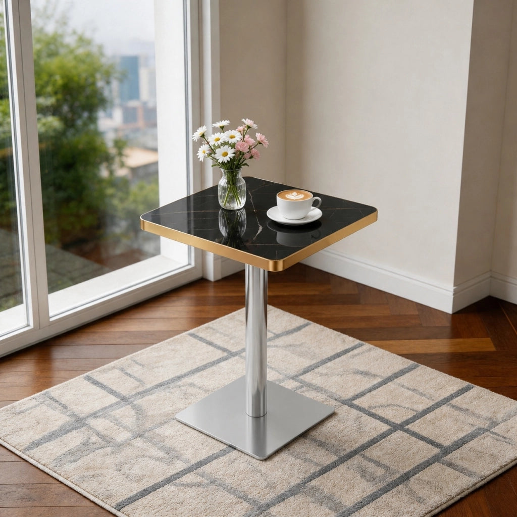 Tavolo da pranzo quadrato 60x60 cm con effetto marmo; struttura in metallo; nero