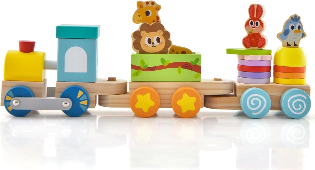 Set di Trenino Impilabile in Legno, Trenino Educativo in Legno Massello, Gioco Educativo in Legno per Bambini 3+ Anni