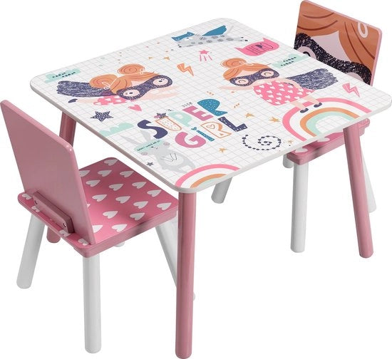 Tavolo per Bambini e 2 Sedie - Mobili per Bambini, Tavolo, Piccola Tavola - Per Allattatoio, Prescuola e Bambini - Legno - Rosa / Super Eroe Print