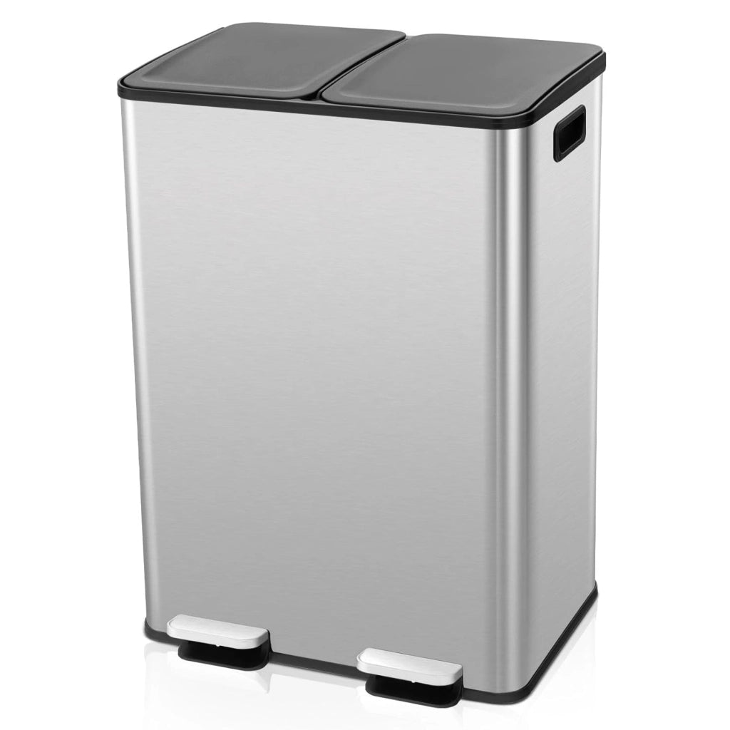 Pattumiera a Doppio Scomparto, 2 x 30 L, in Acciaio Inossidabile, Pattumiera a Pedale, Scatola Deodorante, Coperchio Liscio e Silenzioso, 2 Secchi Rimovibili, Pattumiera Riciclaggio Cucina