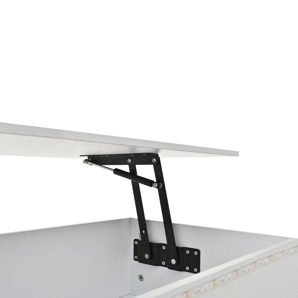 Tavolino da salotto 100x50x40 cm; piano rialzabile con LED e 4 cassetti; MDF bianco