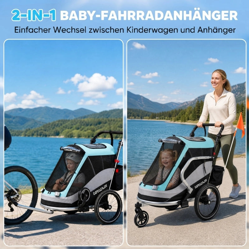 RIMORCHIO BAMBINI 2 in 1 pieghevole con 5 punti Light Blue in alluminio