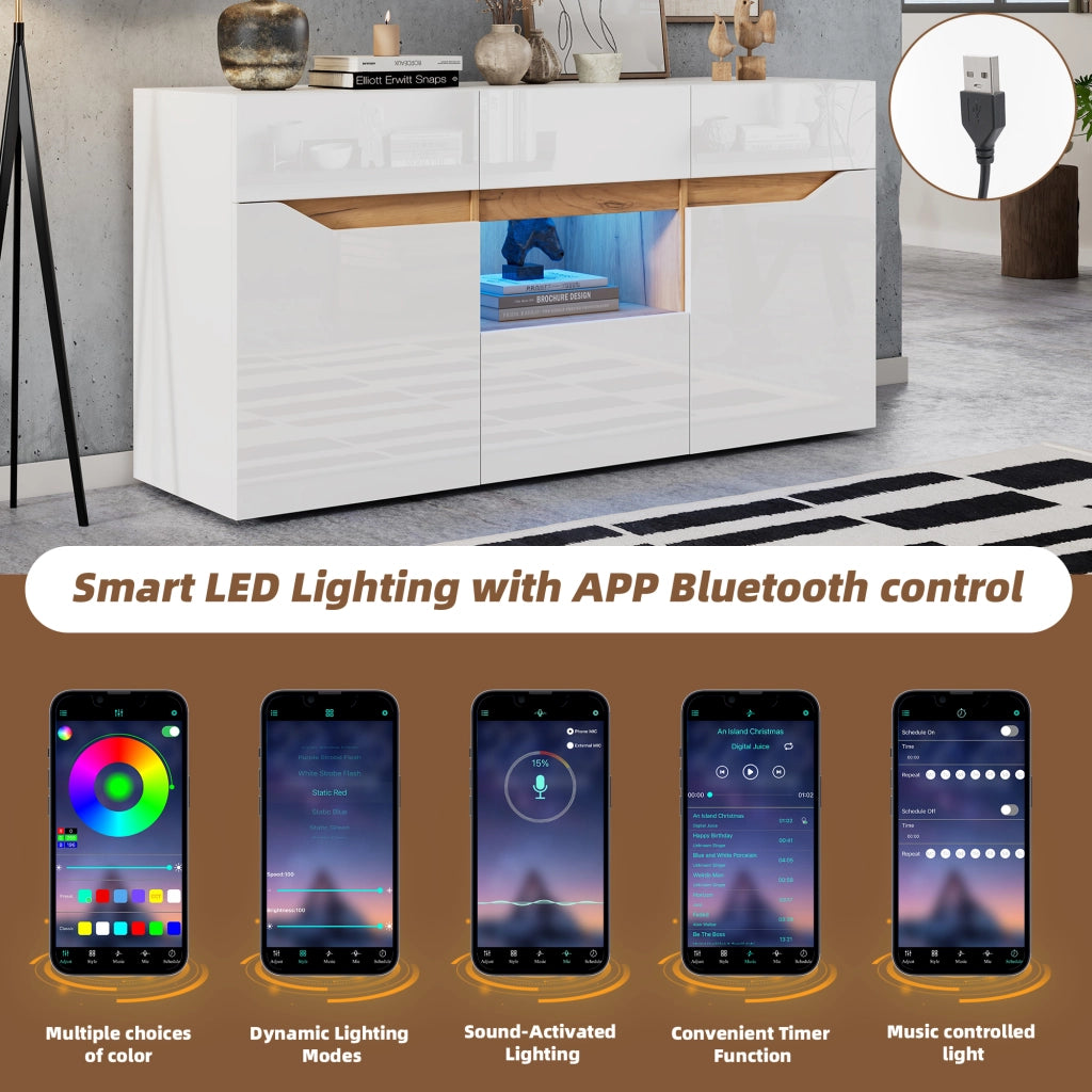 OKWISH Credenza con 4 Cassetti e 2 Ante, Illuminazione LED, per Soggiorno, Pannello di Particelle, Bianco, 140 x 40 x 70 cm