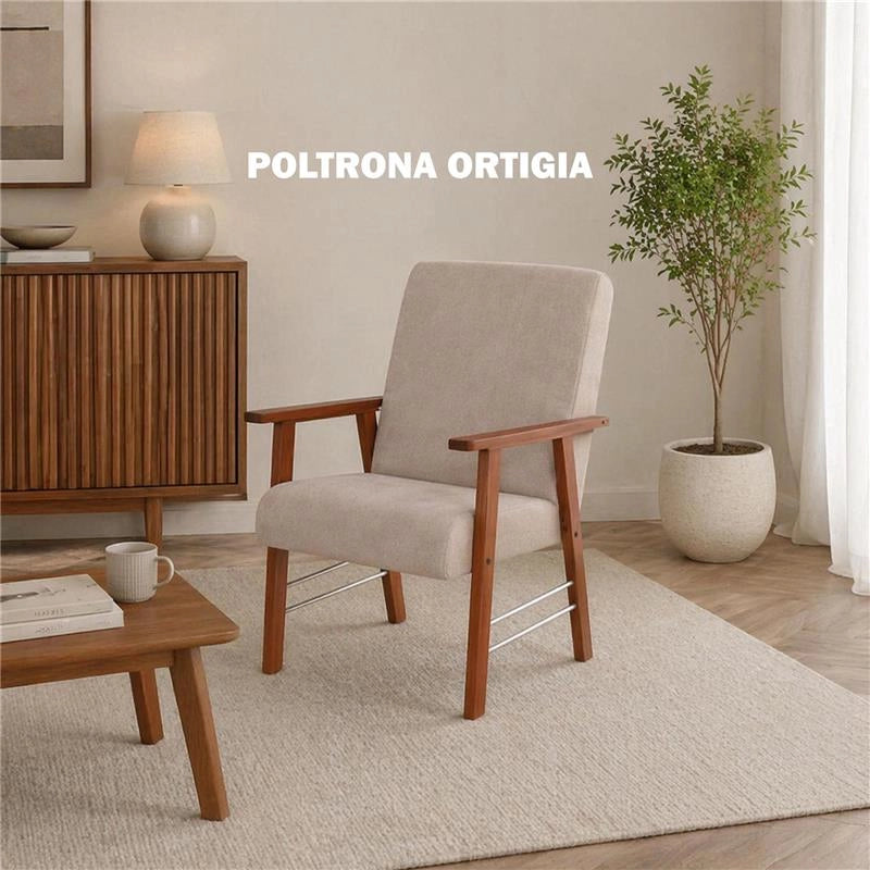 SET SALOTTO DA GIARDINO CON DIVANO, 2 POLTRONE + TAVOLINO IN LEGNO TABACCO E TESSUTO COLORE BEIGE