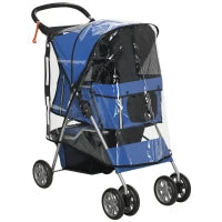 Passeggino per Cani Piccoli Pieghevole con Copertura Antipioggia, Ruote Girevoli e con Freni, Blu