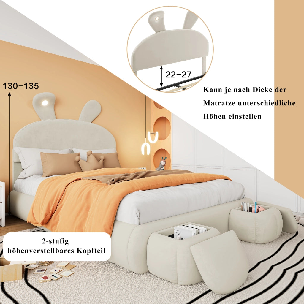 Letto contenitore 140 × 200 cm idraulico imbottito in velluto beige con LED regolabile e due pouf contenitore