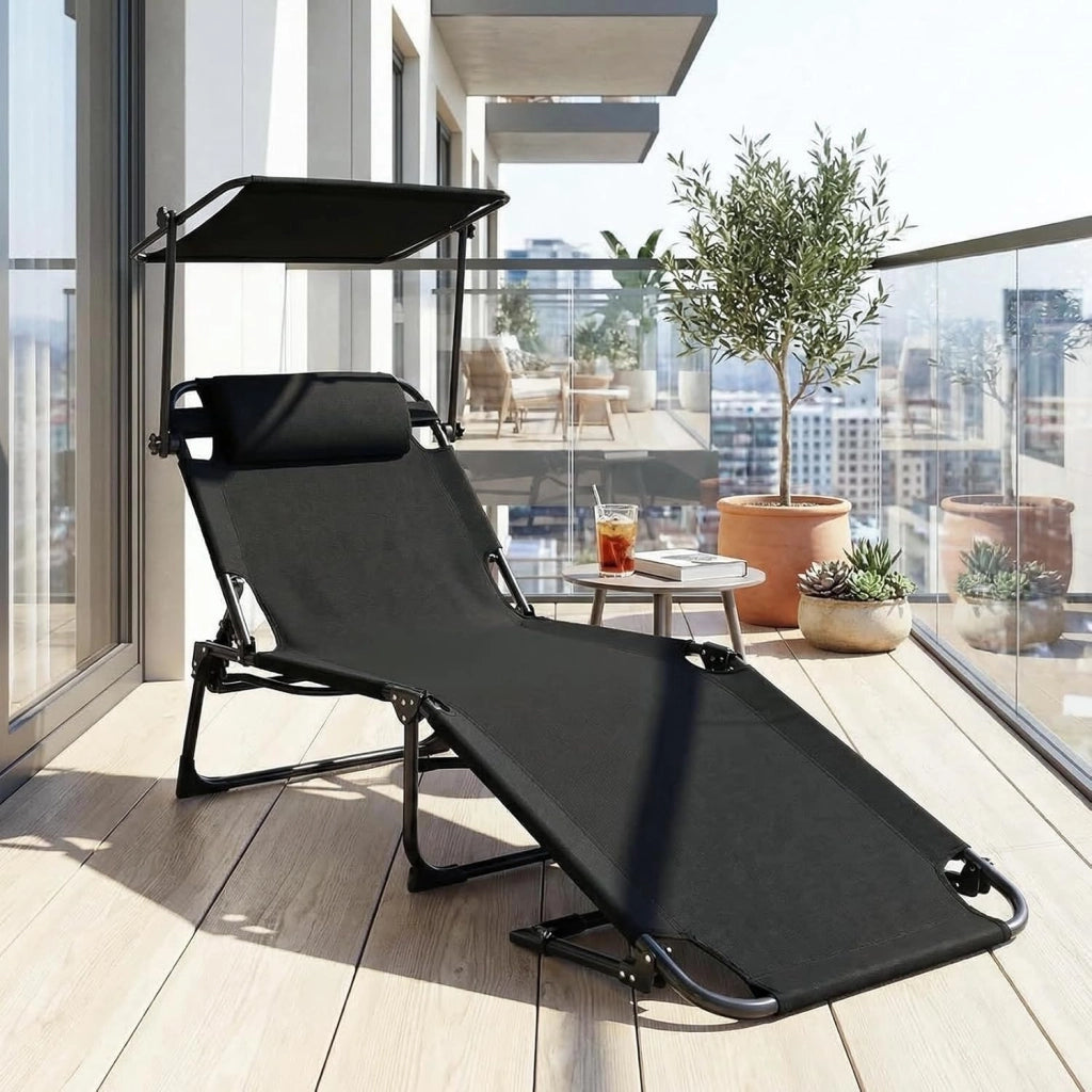 Lettino prendisole con tettuccio parasole, pieghevole, 190 x 59 x 32 cm, portata fino a 150 kg, con tasca laterale, cuscino e schienale regolabile, per giardino, balcone e piscina (2, nero