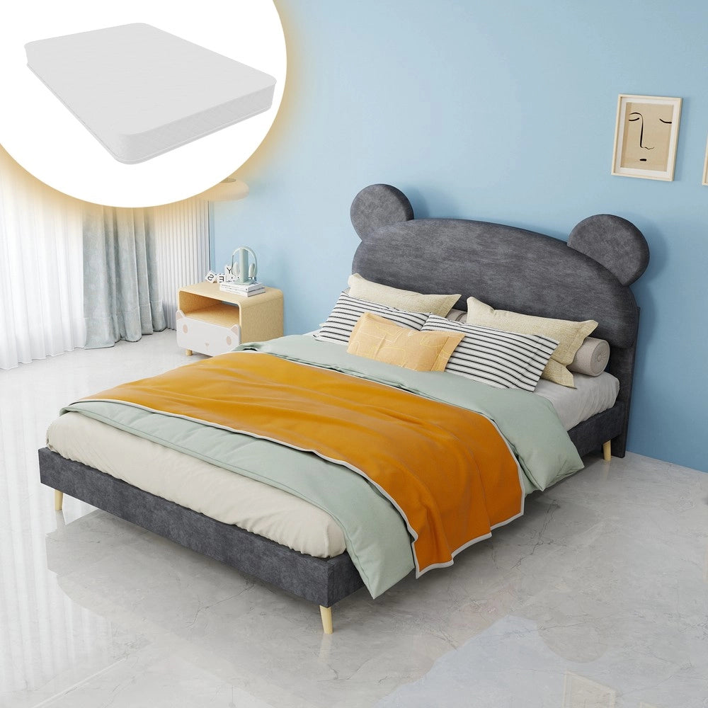 Letto Imbottito con Testiera in Tessuto e Materasso a Molle, con Materasso ¨C MINIMAL ¨C Grigio, 140x200