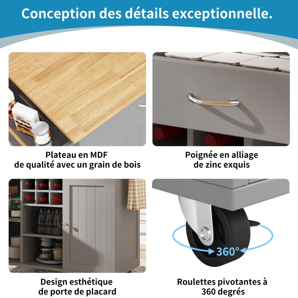 CARRELLO DA CUCINA 102x45x92 cm Grigio in MDF e metallo con ruote