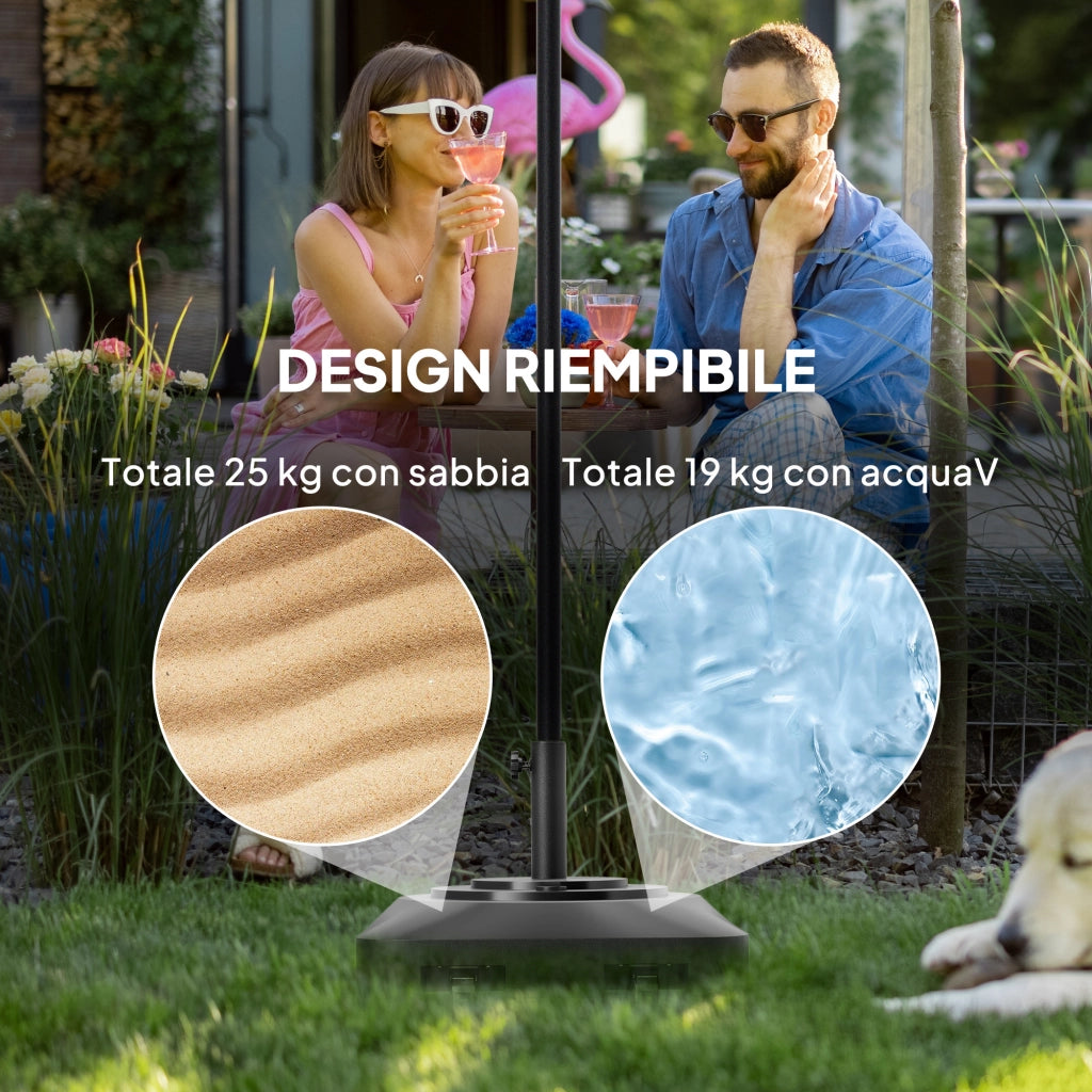 Base per Ombrellone a Rotelle e Riempibile con Acqua o Sabbia, in HDPE, 48x48x32.5 cm, Nero