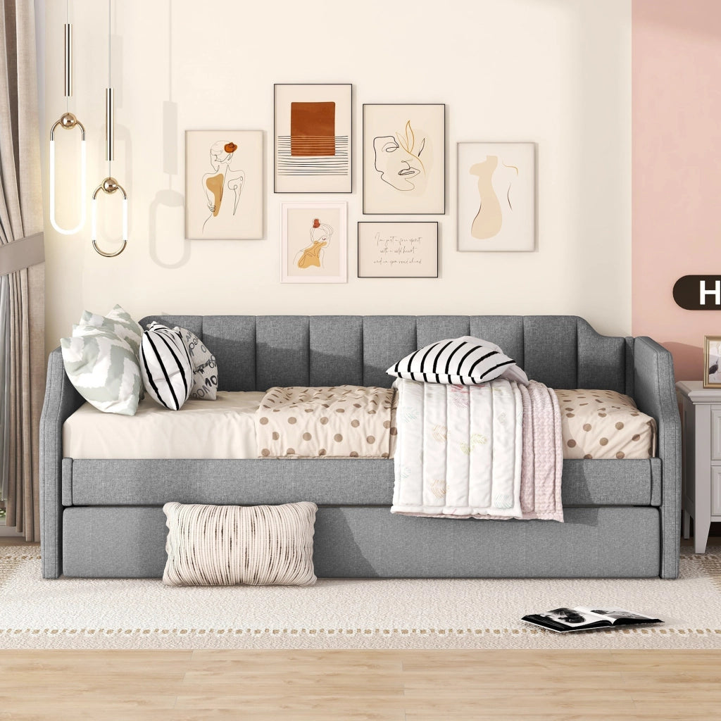 Letto singolo con letto estraibile 90×200 cm e 90×190 cm con cuscini imbottiti; senza materasso; grigio