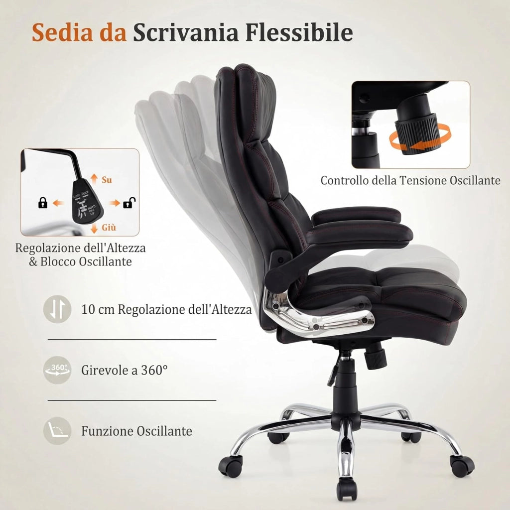 Sedia da Ufficio con Altezza Regolabile, Sedia Ergonomica Girevole per Scrivania, Funzione d’Oscillazione e Braccioli Ribaltabili, per Ufficio Sogiorno, Portata 125 kg