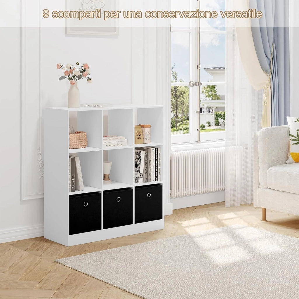 Libreria Bianca, Libreria a 9 Cubi Portaoggetti, Scaffale in Legno con 3 Cassetti in Tessuto Non Tessuto, per Soggiorno, Camera da Letto, Ufficio, 80x30x86,5 cm, SK041ws