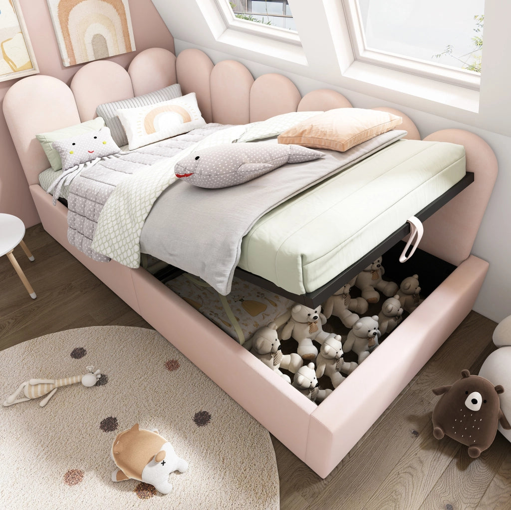 Letto giorno 90x190 cm in velluto rosa con contenitore idraulico e rete in metallo