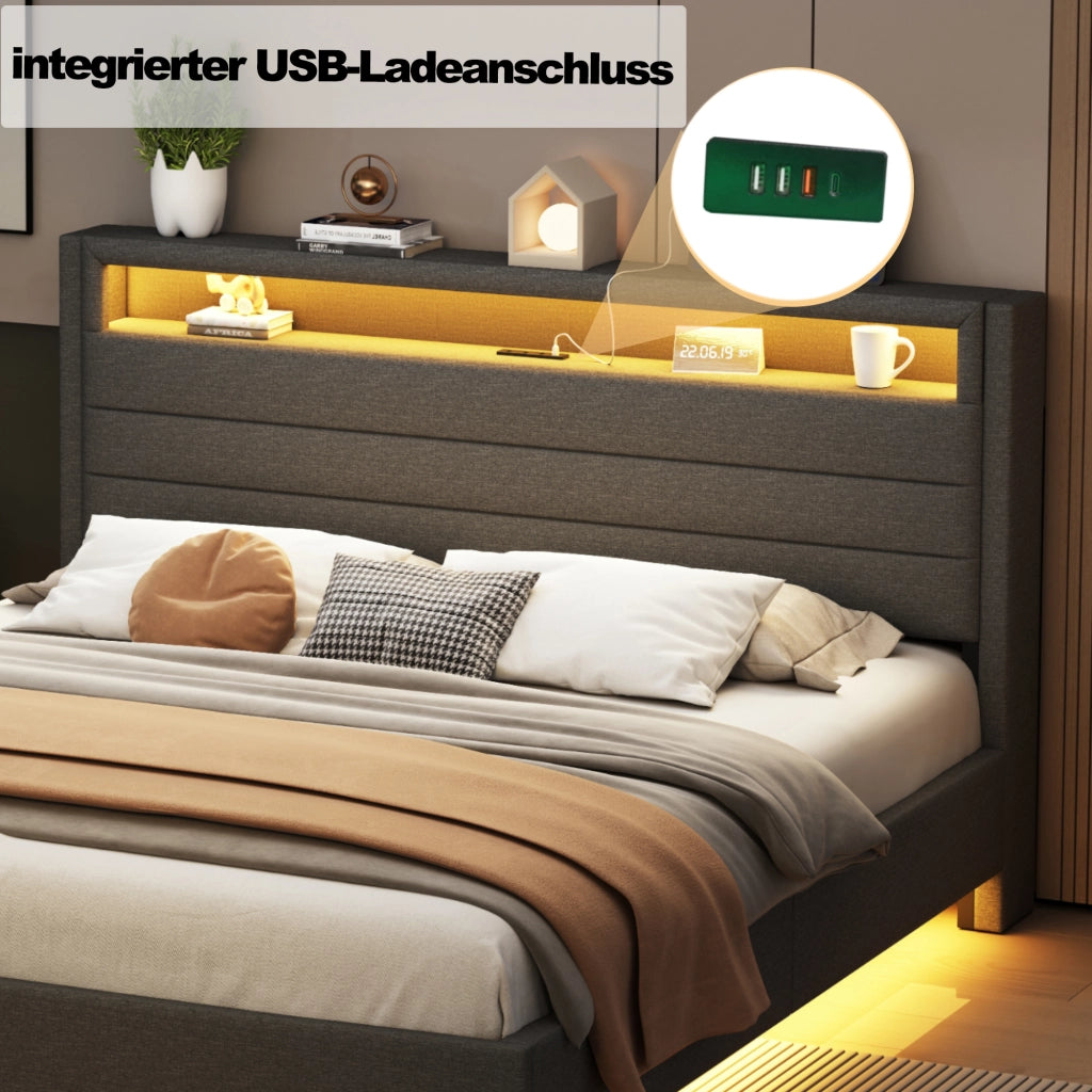 OKWISH Letto Imbottito 160×200 cm, Letto Matrimoniale con USB, LED Regolabile e Testiera Reversibile, senza Materasso, in Tessuto Grigio